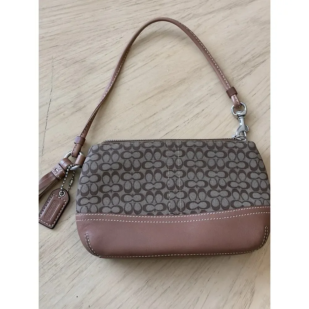 VTG Coach Signature C Mini Wristlet Clutch Pouch Brown Canvas Tan Leather Y2K